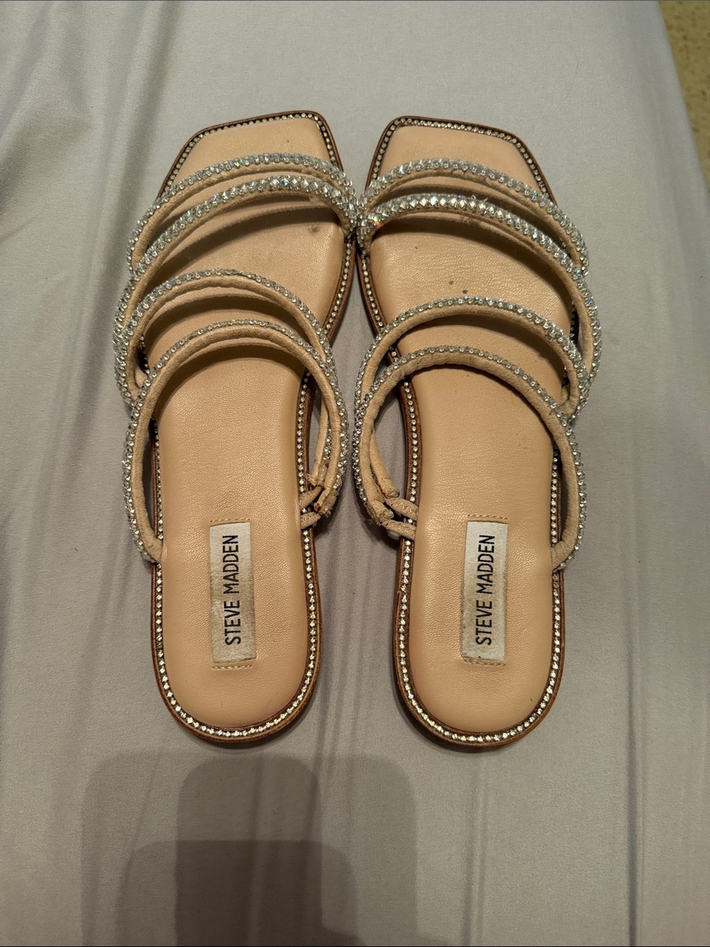 Steve Madden Beige Rhinestone-Strap Slide Mules